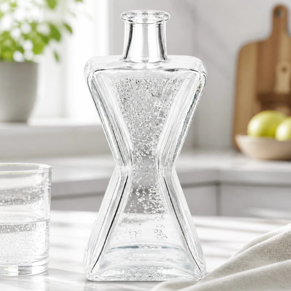 Bouteille en verre Star de 200 ml remplie d'eau minérale et gazeuse sur le plan de travail blanc de la cuisine à côté du verre à eau
