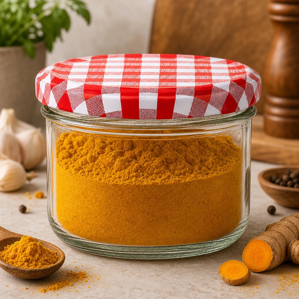 230ml Verre cylindrique avec couvercle BasicSeal rouge/blanc UNiTWIST Pot de conservation 230ml avec couvercle vichy rouge et blanc rempli de poudre de curcuma dans une cuisine rustique