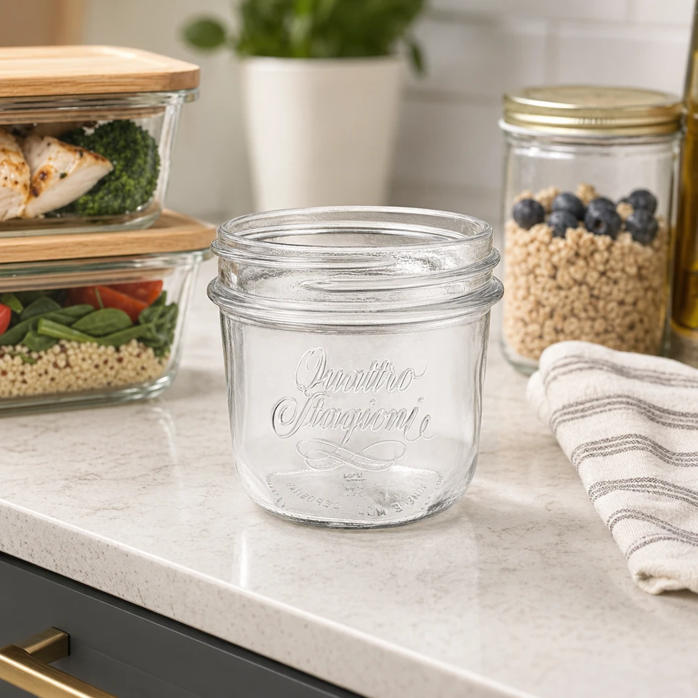 200ml Verre rond "Quattro Stagioni" QS86mm 200ml Quattro Stagioni Einmachglas mit elegantem Design für Küche Vorratshaltung und Dekoration auf Marmor Arbeitsplatte