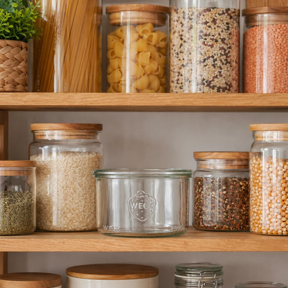 200ml WECK Pot renversé RR80 dans une cuisine organisée avec des bocaux de stockage pour les aliments et les épices sur une étagère en bois