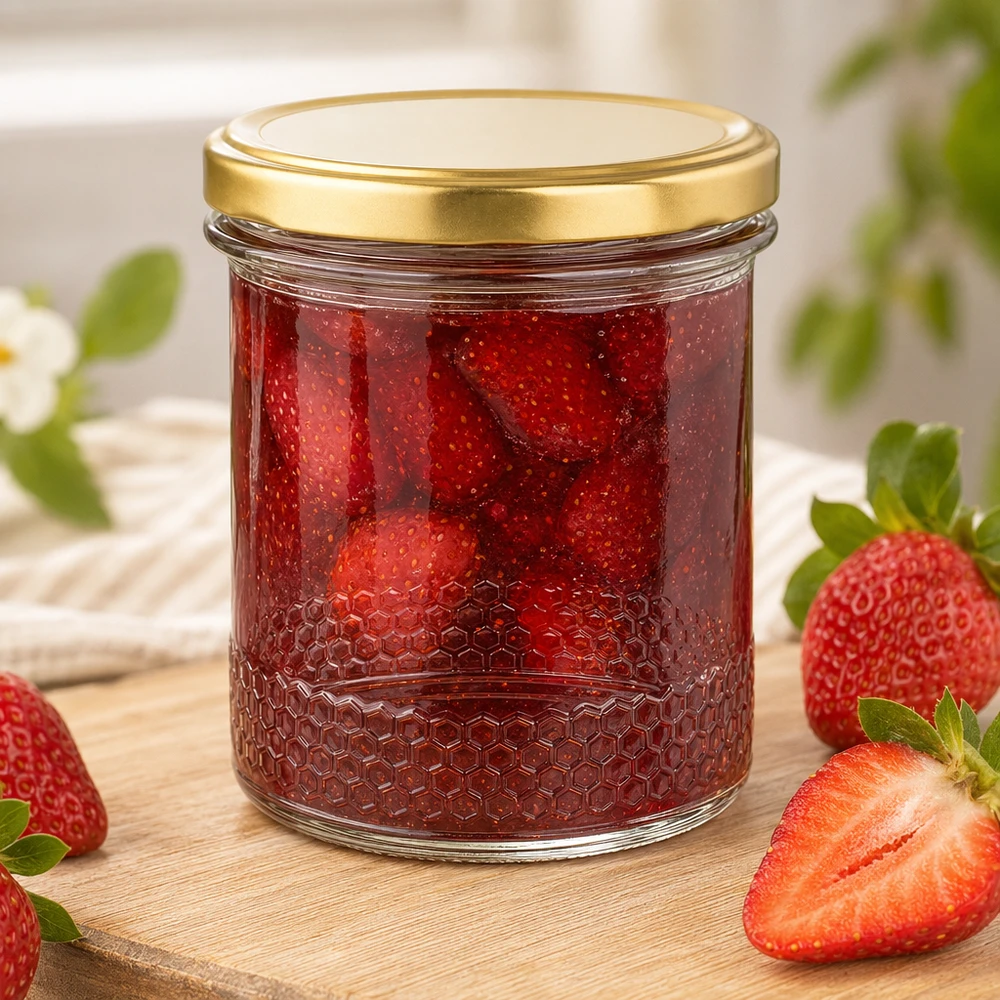 Pot à miel 560 g avec couvercle doré BasicSeal UNiTWIST Pot à miel de 400 ml avec couvercle BasicSeal doré UNiTWIST comme pot à confiture pour confiture de fraises fraîches