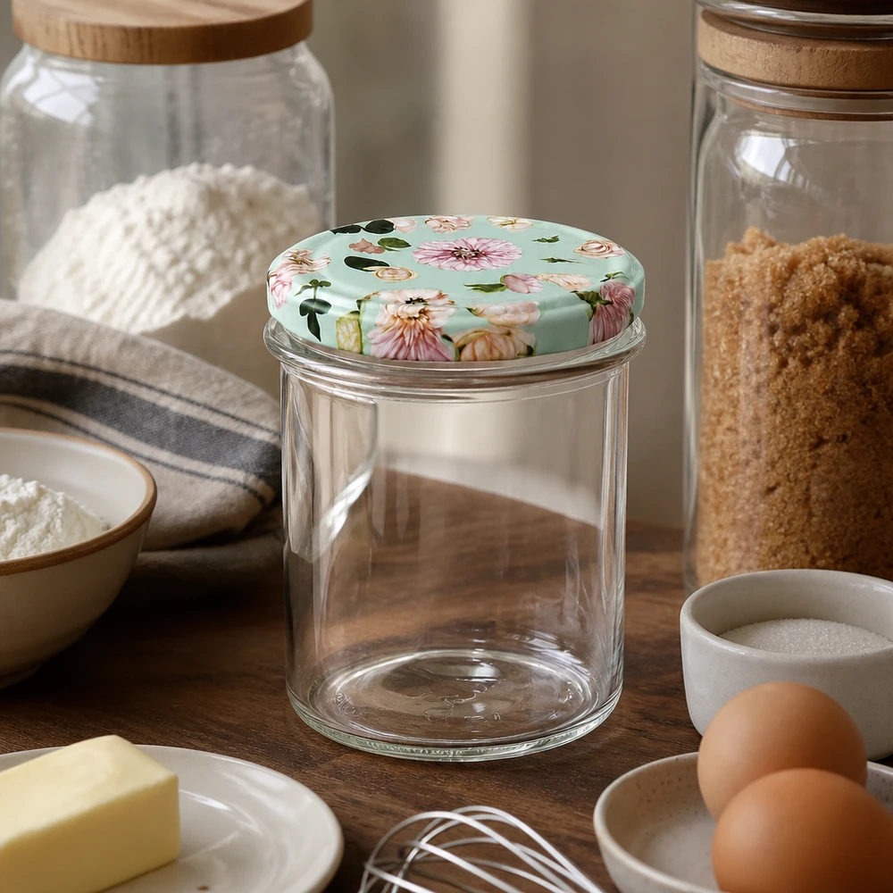 BasicSeal verre plongeant 350ml avec couvercle à fleurs menthe dans la cuisine entre la farine, les œufs et les ingrédients de cuisson