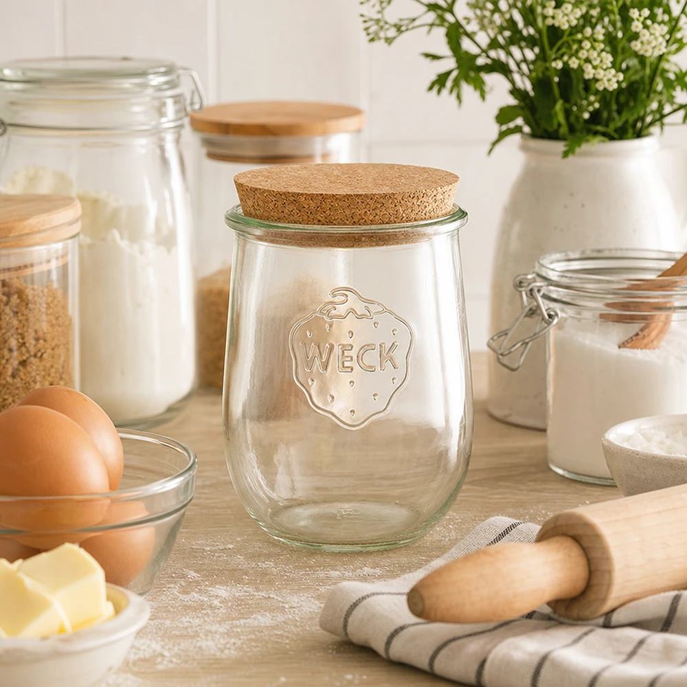 1062ml bocal tulipe WECK RR100 avec bouchon nature WECK Pot tulipe RR100 1062ml avec bouchon dans une cuisine de pâtisserie confortable à côté de la farine des œufs et des ingrédients de boulangerie Stockage