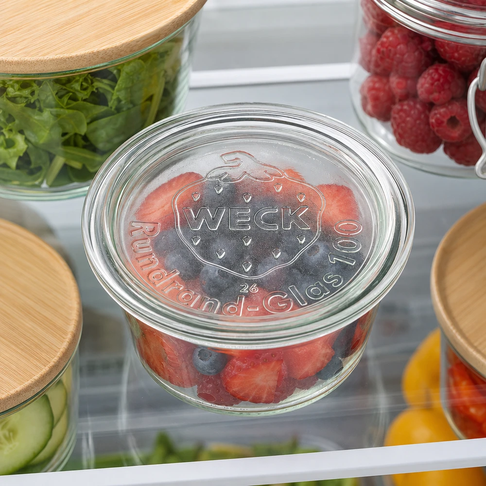 Couvercle de verre RR100 WECK WECK Couvercle en verre RR100 au réfrigérateur avec des baies et des légumes frais stockés dans des bocaux de conservation