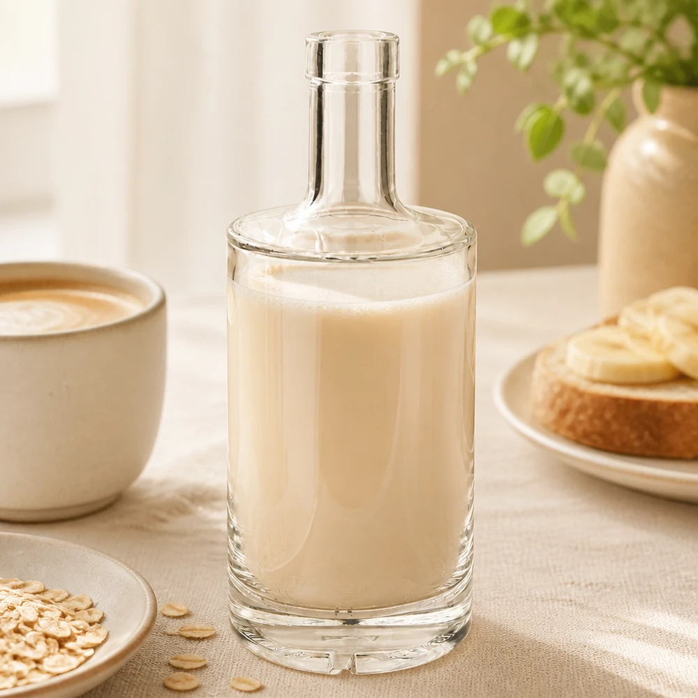 Bouteille en verre Nora de 500 ml remplie de lait d'avoine crémeux à côté d'une tasse de café et d'une pâtisserie UNiTWIST