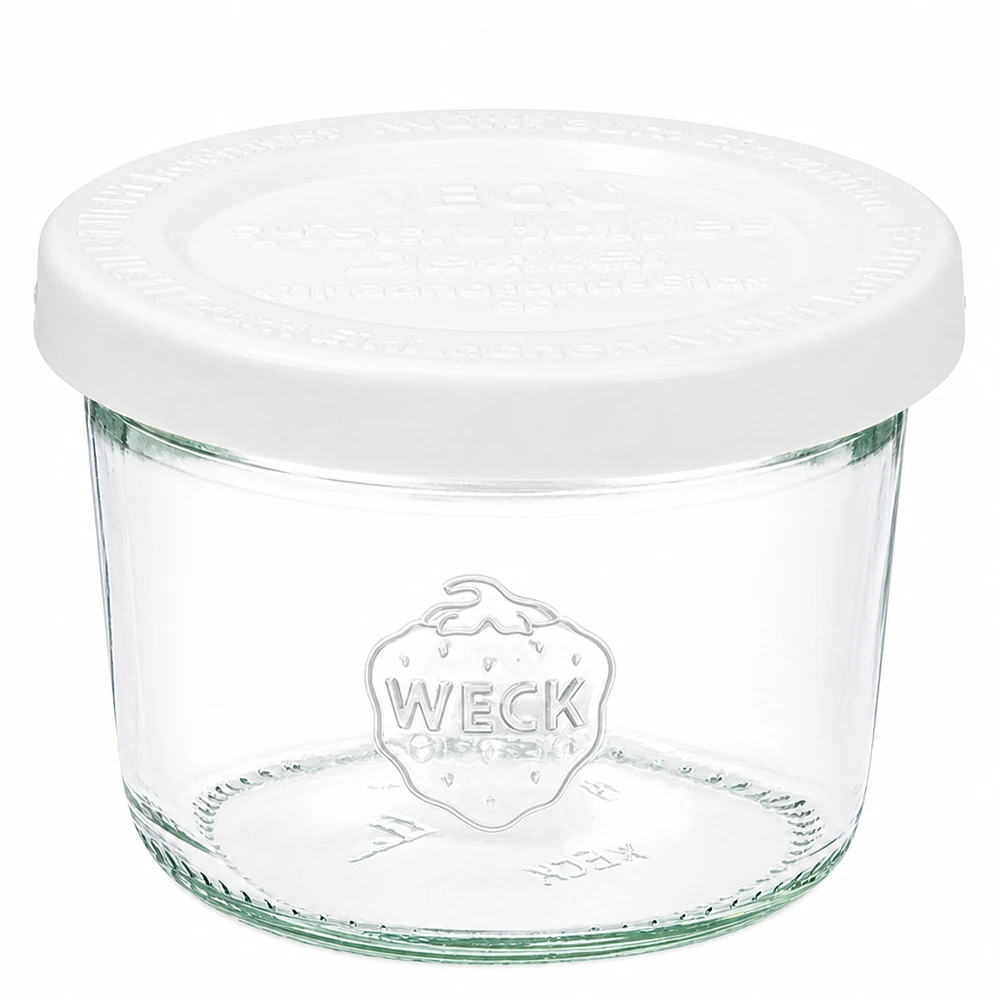 Bocal WECK de 80 ml avec couvercle blanc RR60 en verre transparent avec logo WECK pour la mise en conserve et la conservation.