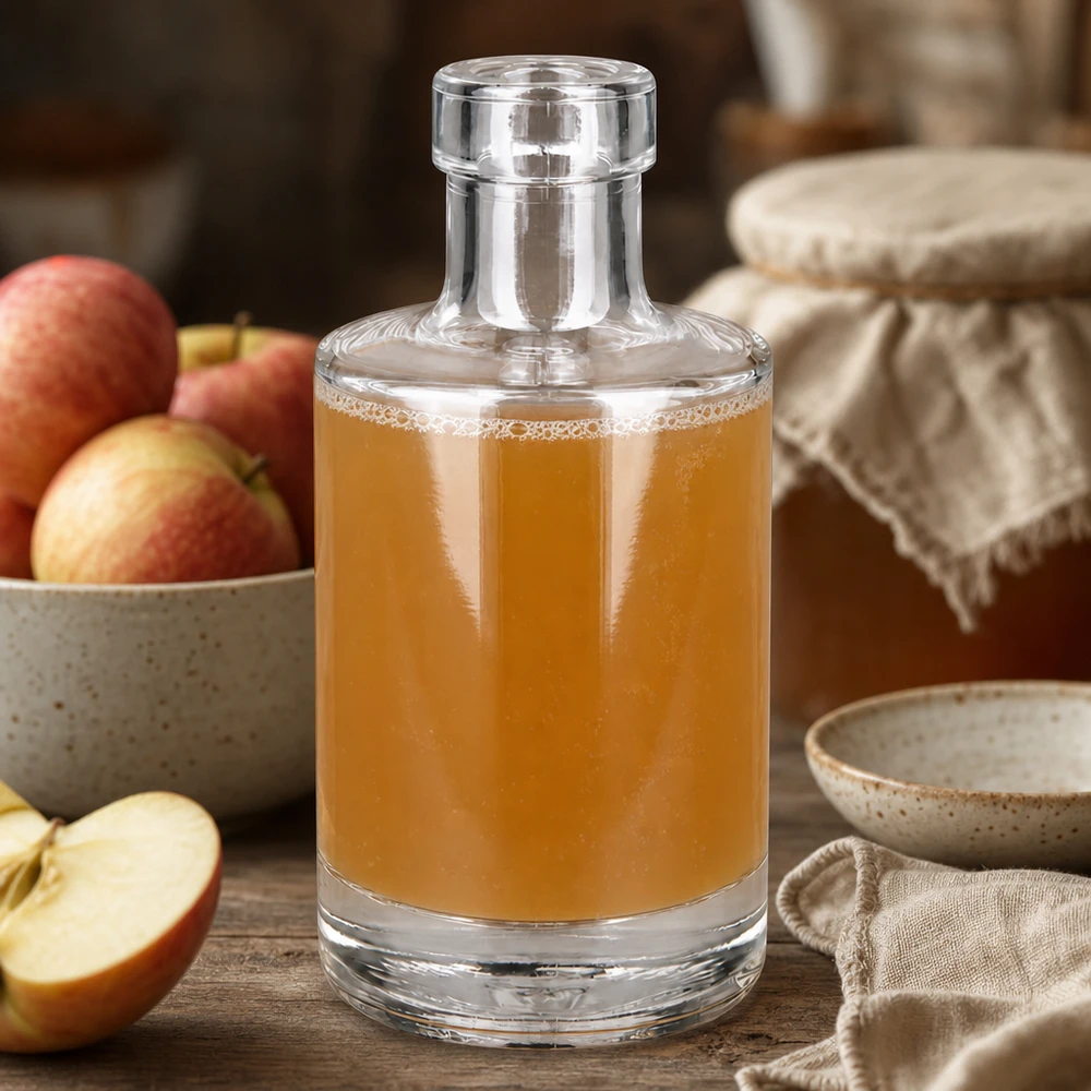 Bouteille Marie en verre 200 ml « » sans bouchon UNiTWIST® Glasflasche Marie 200ml mit Apfelsaft befüllt natürliche Küchendeko mit frischen Äpfeln rustikaler Holztisch Lifestyle