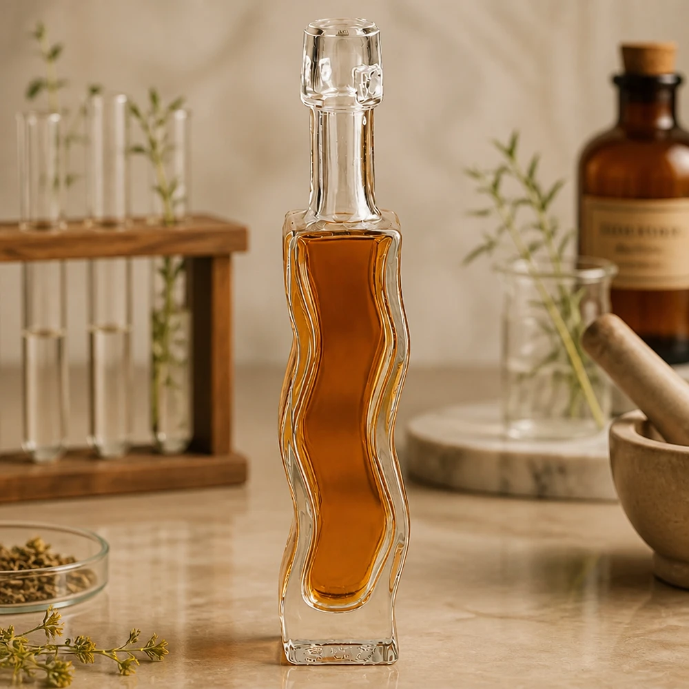Flacon en verre « Fila » 40 ml sans bouchon UNiTWIST® Bouteille en verre Anna de 40ml remplie de miel doré Style pharmacien Décoration d'herbes naturelles Ambiance homéopathie