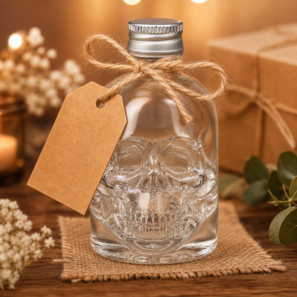 Bouteille en verre Hector de 50 ml avec tête de mort en relief, décorée d'un ruban de jute et d'un pendentif en papier kraft.