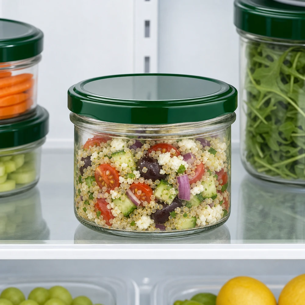 225ml pot renversé avec couvercle vert dans le réfrigérateur rempli de salade de quinoa montre conservation pratique