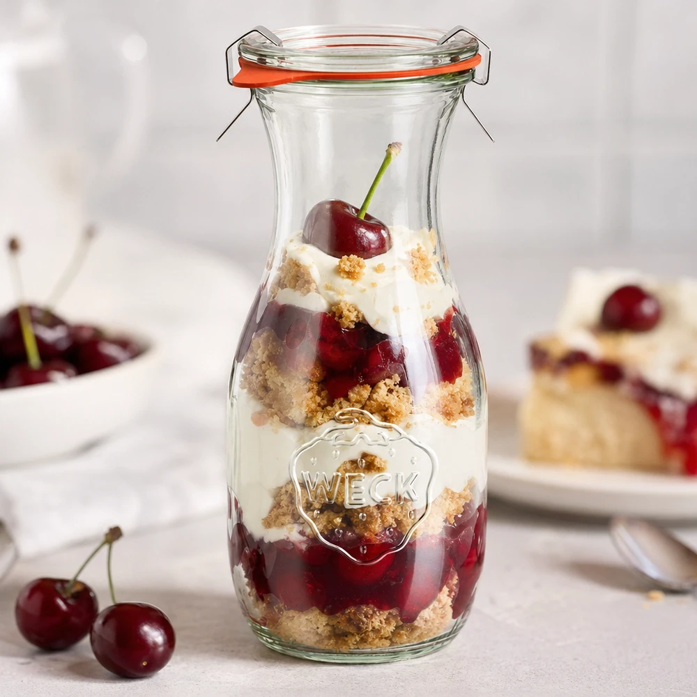 Bouteille à jus de 530 ml, ensemble complet WECK RR60 WECK Bouteille de jus de 530ml RR60 comme verre à dessert avec des couches de dessert au kirsch et de la crème remplie à côté de cerises fraîches