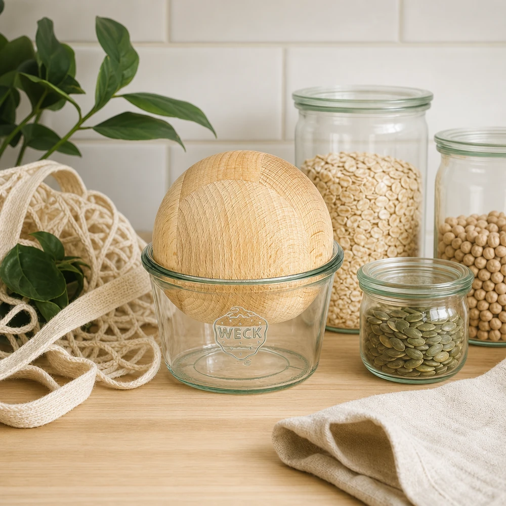 370ml bocal conique WECK RR100 avec boule en bois en hêtre WECK Pot renversé 370ml RR100 Durabilité Zero Waste Cuisine Boule de hêtre Boîtes à provisions Légumes secs Öko Lifestyle