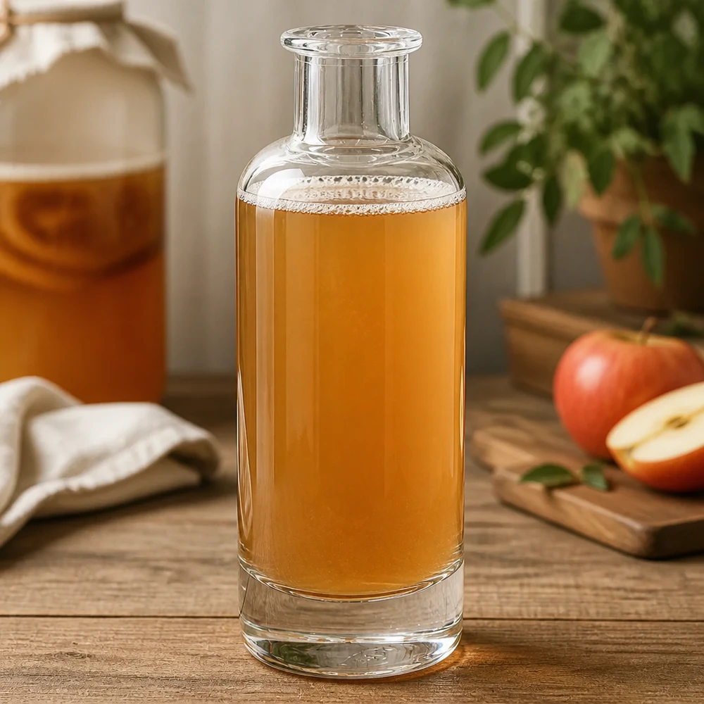 Bouteille en verre 200 ml « Ella » sans bouchon UNiTWIST® 200ml Glasflasche Ella mit Apfelsaft befüllt in Küche zeigt vielseitige Nutzung für Säfte und Getränke