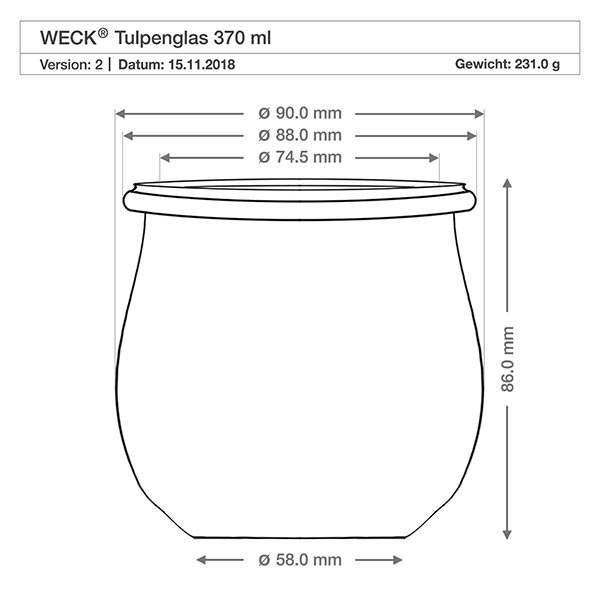 370ml bocal tulipe WECK RR60 avec couvercle en silicone blanc Dessin technique WECK Pot tulipe RR80 370ml avec dimensions et spécifications du produit, poids 231g