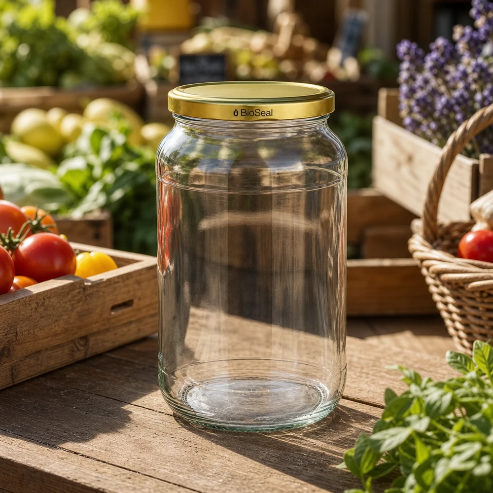 UNiTWIST Runda1062 Boîte en verre vide étal de marché légumes frais TO82 BioSeal couvercle doré ambiance marché fermier