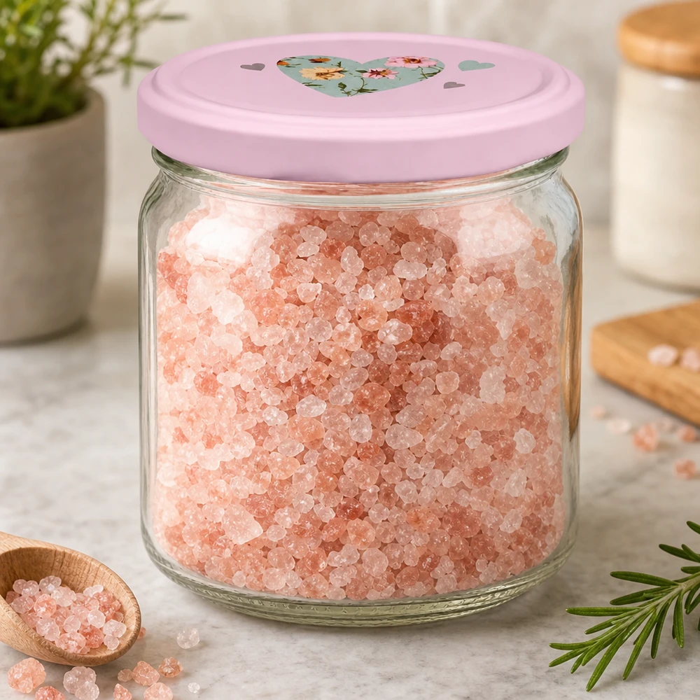 Pot rond de 408 ml + couvercle BasicSeal cur rose UNiTWIST Bocal rond de 408 ml avec couvercle rose en forme de cœur rempli de sel de l'Himalaya pour une conservation décorative dans une cuisine moderne