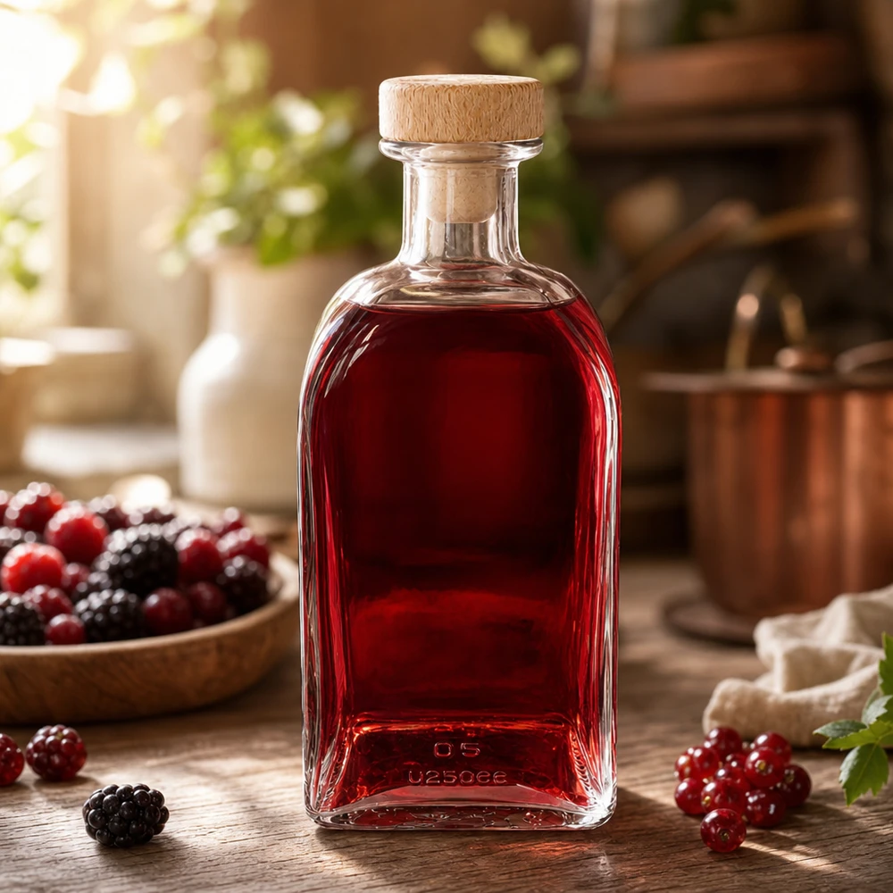 Bouteille en verre Julia de 500 ml avec bouchon en bois remplie de liqueur de baies rouges sur une table en bois avec des mûres et des groseilles