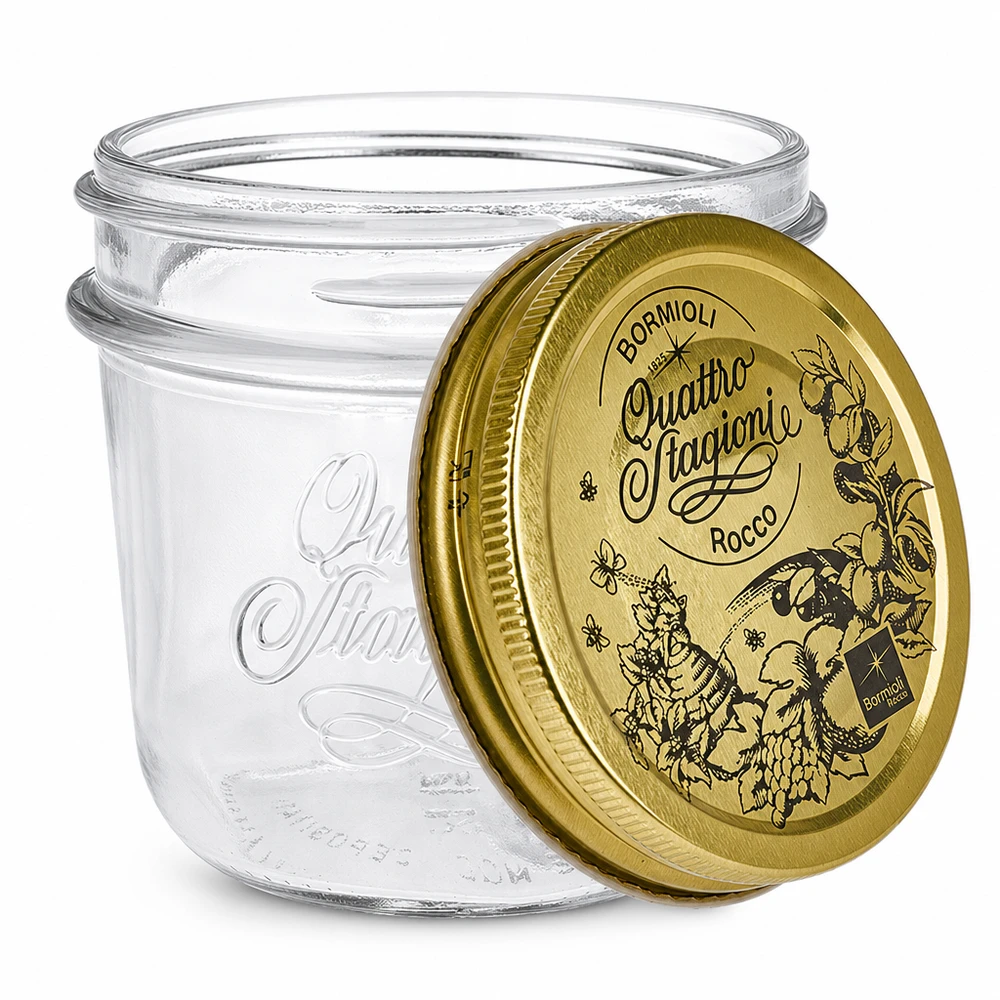 Verre renversé de 200 ml « Quattro Stagioni » avec couvercle 200ml bocal Quattro Stagioni avec couvercle doré Bormioli Rocco transparent vide