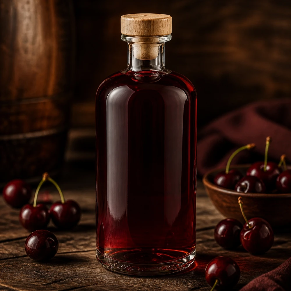 Bouteille en verre Flora 500ml avec bouchon en bois remplie de liqueur de cerise entre des cerises fraîches sur une table en bois rustique