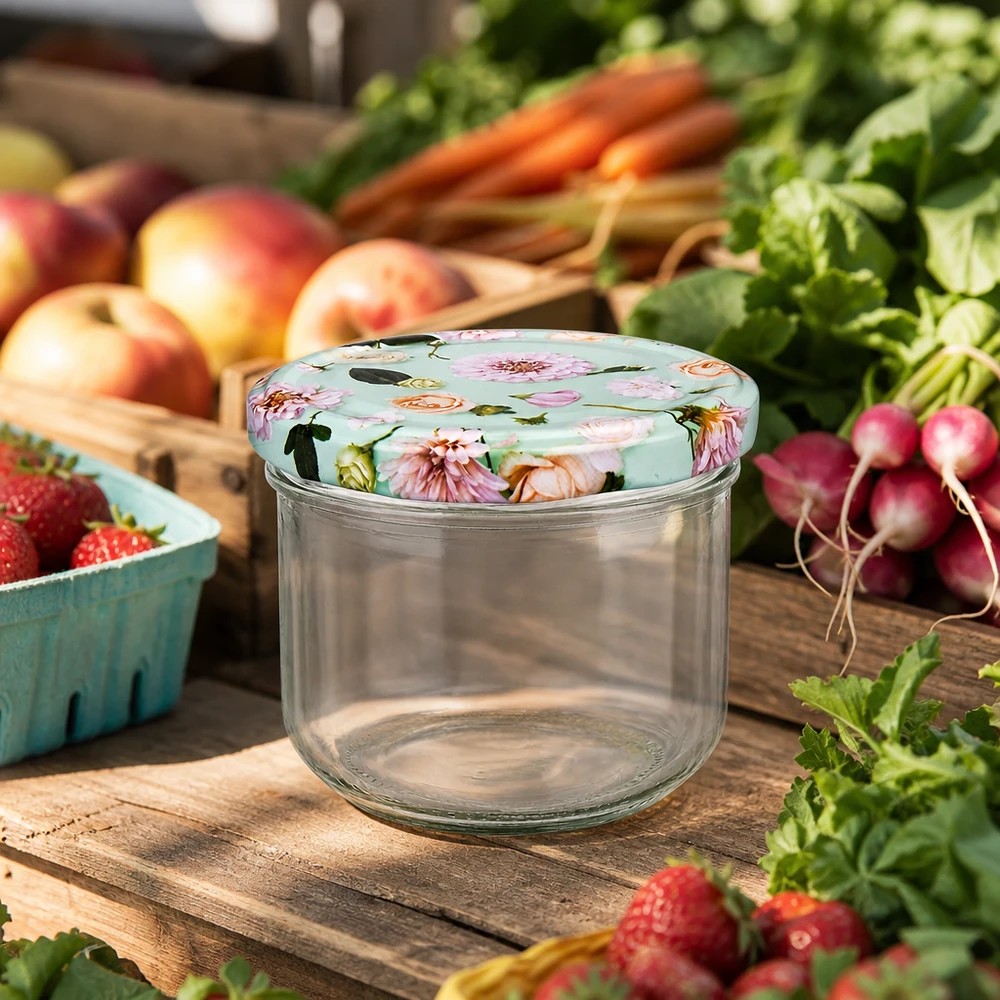 260ml Verre renversé BasicSeal Couvercle à fleurs menthe sur table en bois entouré de légumes frais fruits et herbes aromatiques
