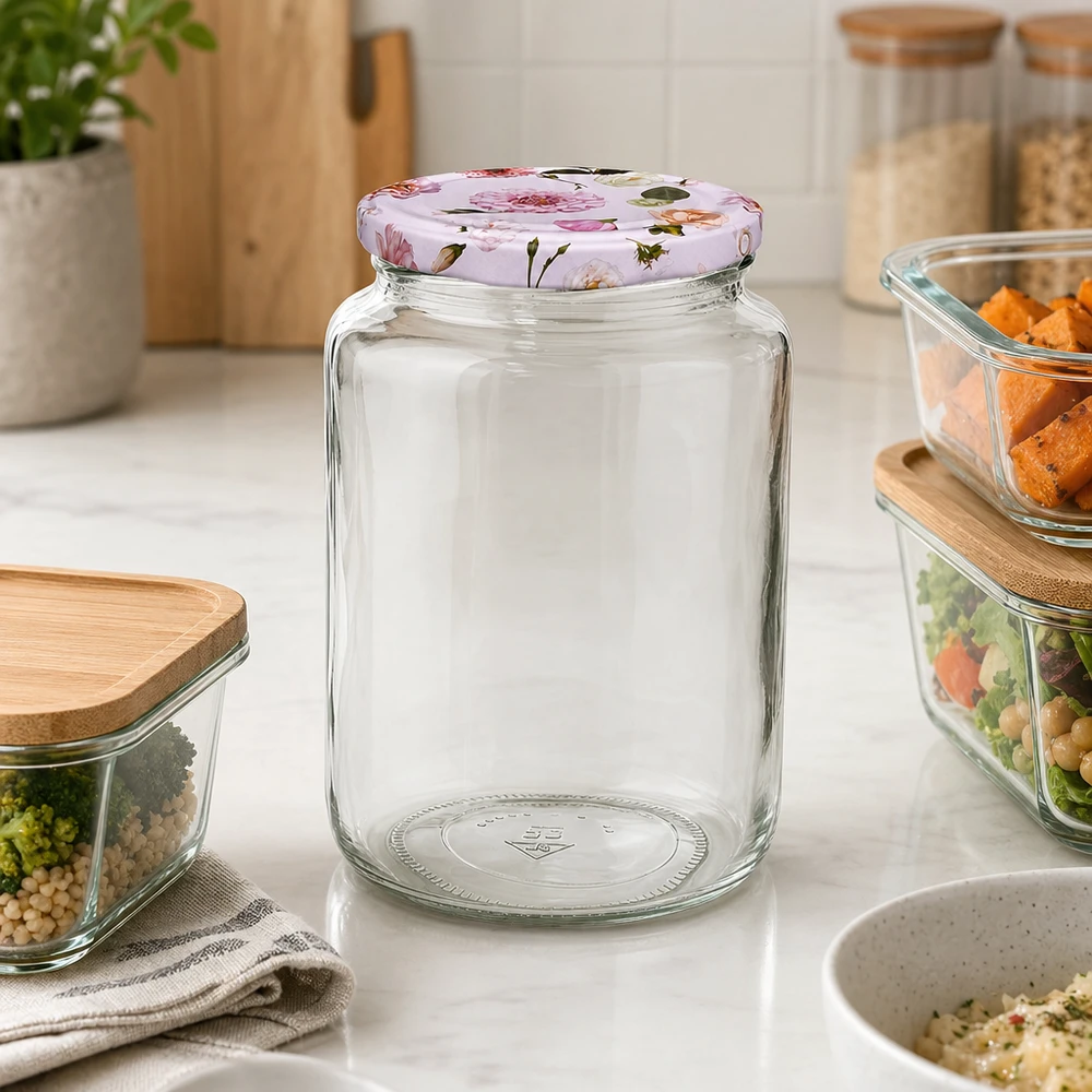 Pot rond de 795 ml + couvercle BasicSeal fleur rose UNiTWIST Bocal rond vide de 795 ml avec couvercle rose à fleurs BasicSeal entre les récipients de stockage remplis sur le plan de travail blanc de la cuisine