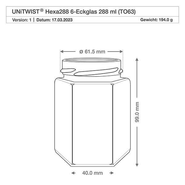 288ml Verre hexagonal sans couvercle (TO63) UNiTWIST UNiTWIST Hexa288 Verre hexagonal 288ml TO63 Dessin technique avec dimensions Diamètre 61,5mm Hauteur 99mm Poids 194g
