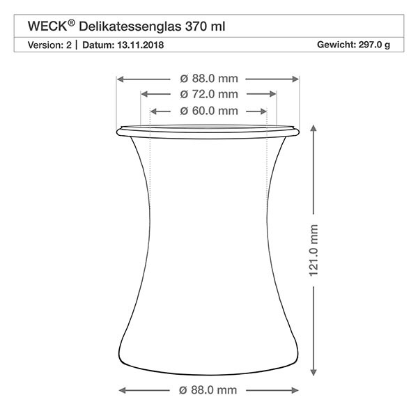 370ml bocal à gourmandises WECK RR80 avec bouchon nature WECK Pot à délicatesse 370ml RR80 dessin technique avec dimensions diamètre 88mm hauteur 121mm poids 297g