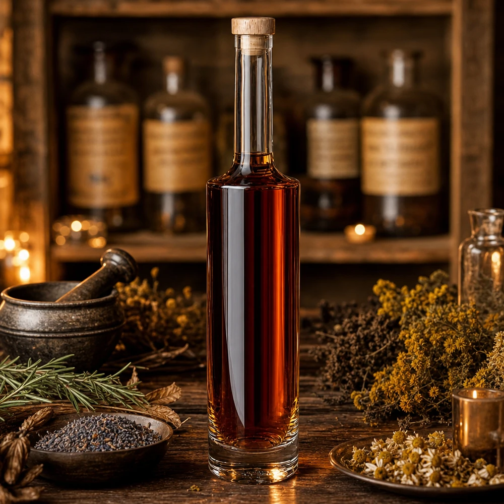 Bouteille en verre 500 ml « Rosa » avec bouchon en bois UNiTWIST® 500ml Glasflasche Rosa mit brauner Spirituose in Apotheker-Ambiente mit Kräutern Gewürzen und Mörser