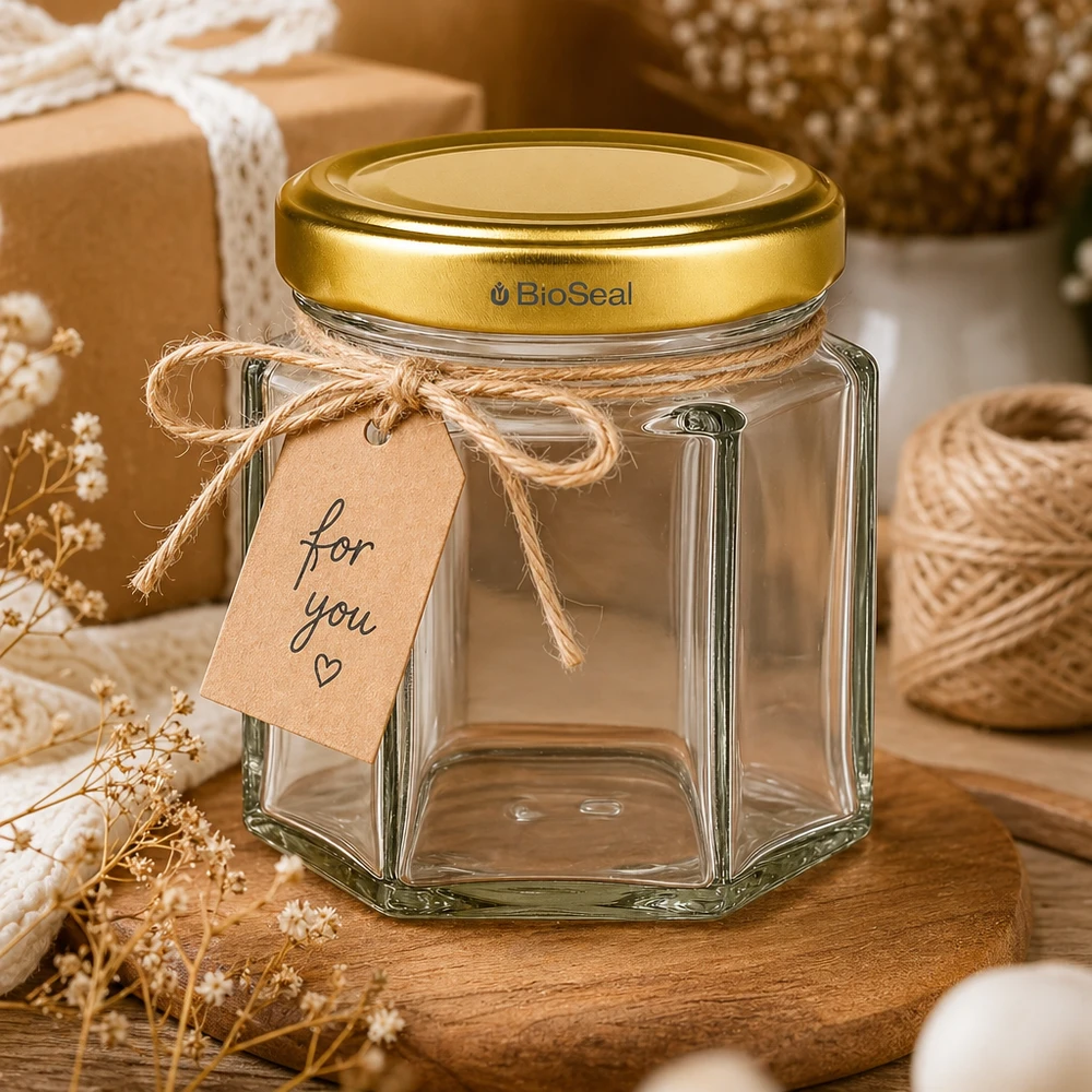 Pot à miel 60 g avec couvercle doré BioSeal UNiTWIST Pot de miel BioSeal vide de 60g avec étiquette cadeau pour you dans une scène de décoration rustique avec de la ficelle de jute et des fleurs séchées