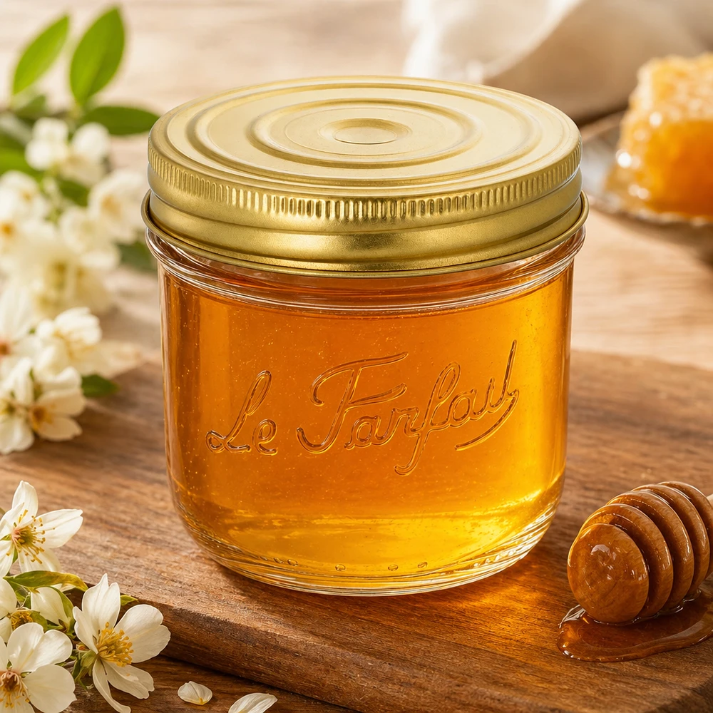 Miel en pot renversé de 415 ml Le Parfait Familia Wiss avec couvercle doré sur planche en bois avec fleurs et cuillère à miel