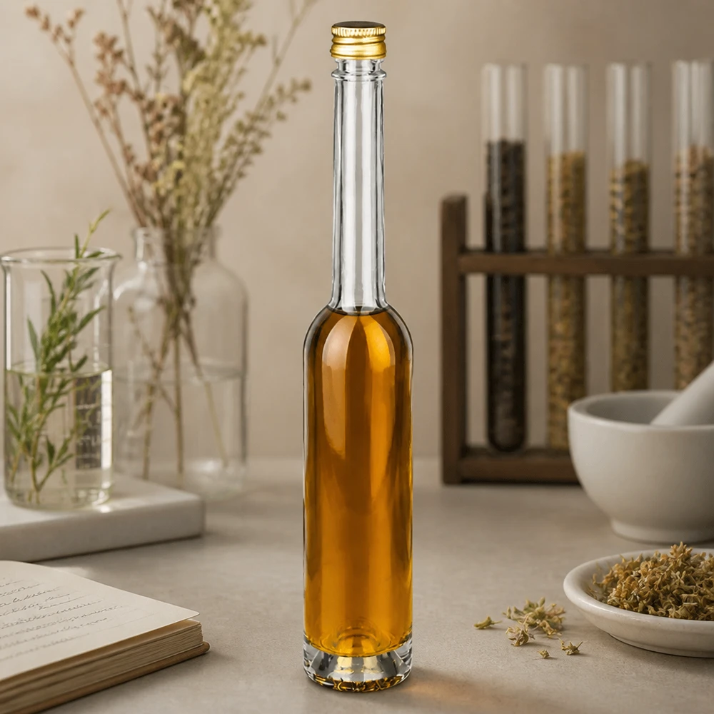 Bouteille en verre 100 ml « Toni » et bouchon à vis argenté UNiTWIST® 100ml Glasflasche Toni mit bernsteinfarbener Flüssigkeit in apotheker-inspiriertem Ambiente - UNiTWIST Goldverschluss
