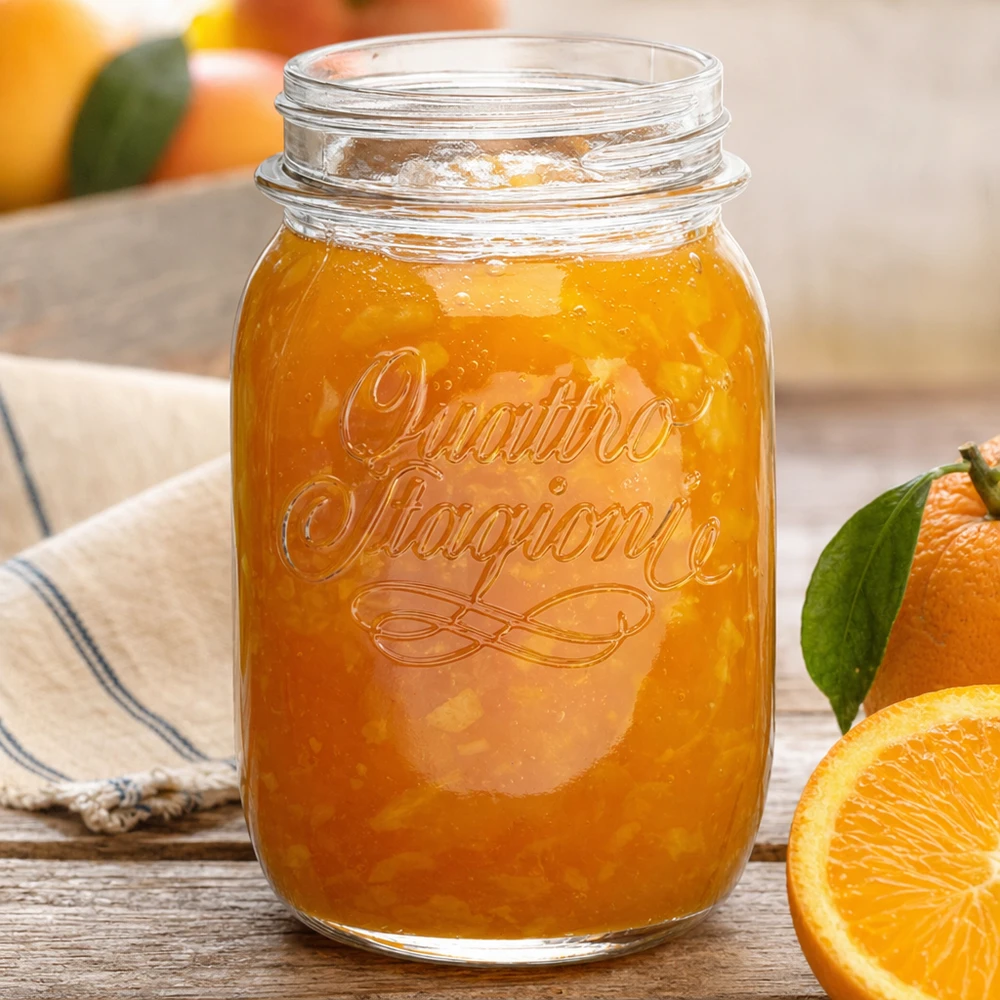 500ml Verre rond "Quattro Stagioni" QS70mm 500ml Quattro Stagioni Pot ménager rempli de marmelade d'orange à côté d'oranges fraîches sur une table en bois
