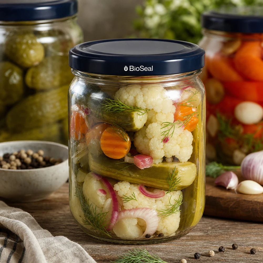 425ml Verre rond avec couvercle BasicSeal noir UNiTWIST 425ml Rundglas mit eingelegtem Mischgemüse gefüllt, schwarzer BasicSeal Deckel, Einmachglas für Pickles und Konserven