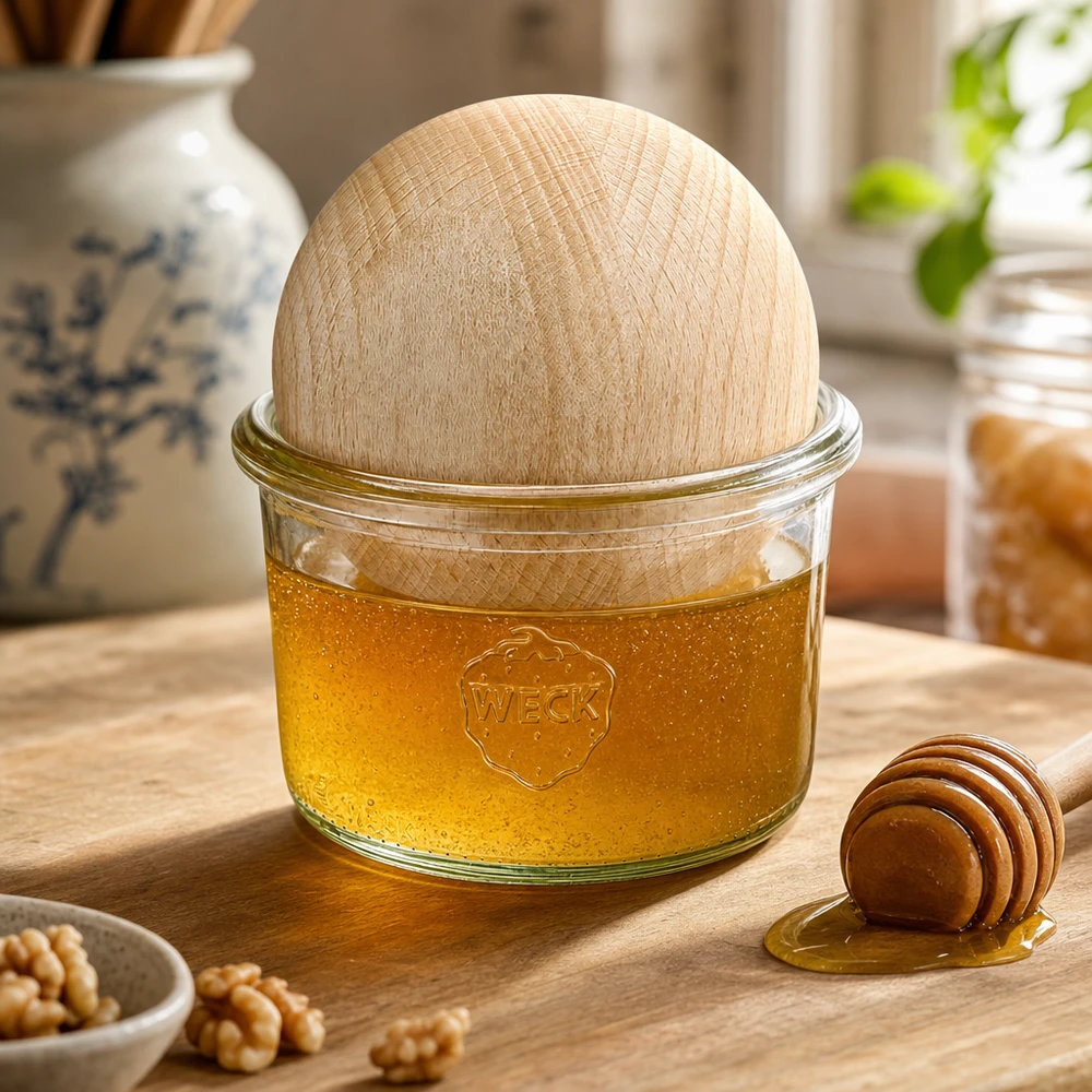 WECK Verre renversé 200ml avec boule de hêtre remplie de miel, cuillère à miel et noix sur une table en bois dans une cuisine chaude