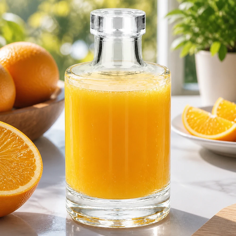 Bouteille en verre Marie de 100 ml remplie de jus d'orange entourée d'oranges fraîches et de tranches d'orange sur une table en marbre