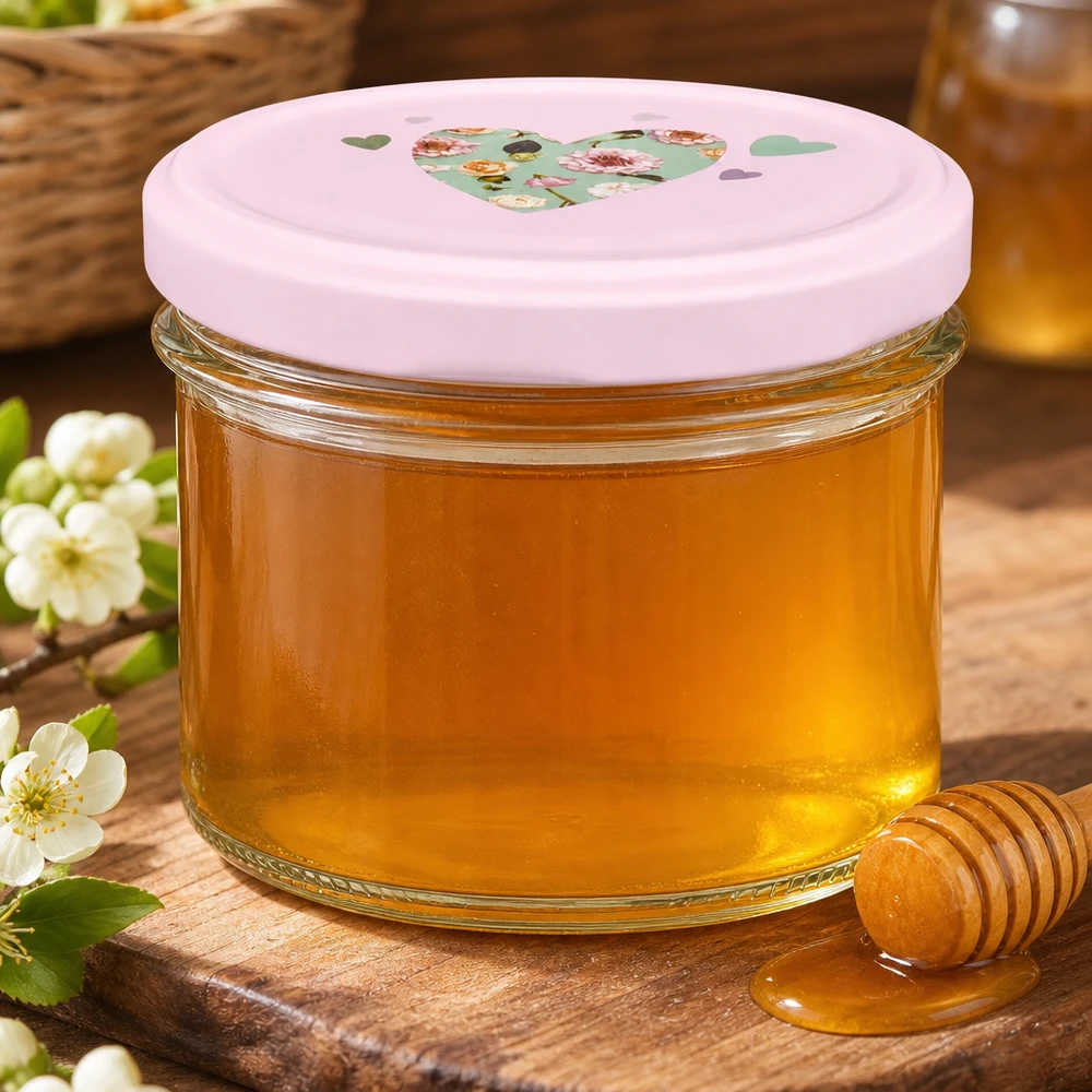 Miel doré en pot renversé de 225 ml avec couvercle rose en forme de cœur BasicSeal sur une planche en bois avec cuillère à miel et fleurs