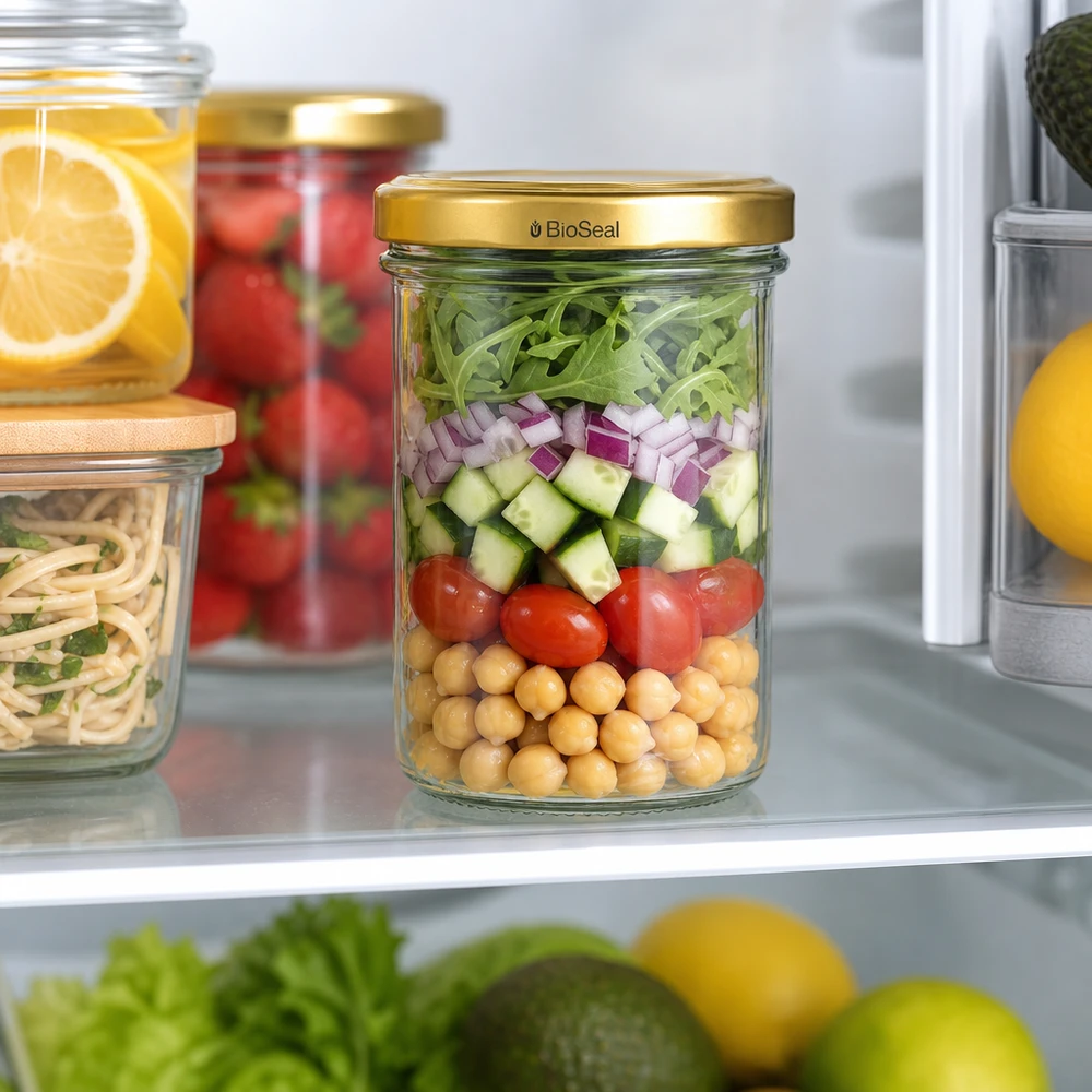 UNiTWIST Sturz230 avec couvercle TO66 BioSeal doré comme bocal à salade Meal Prep dans le réfrigérateur avec des pois chiches
