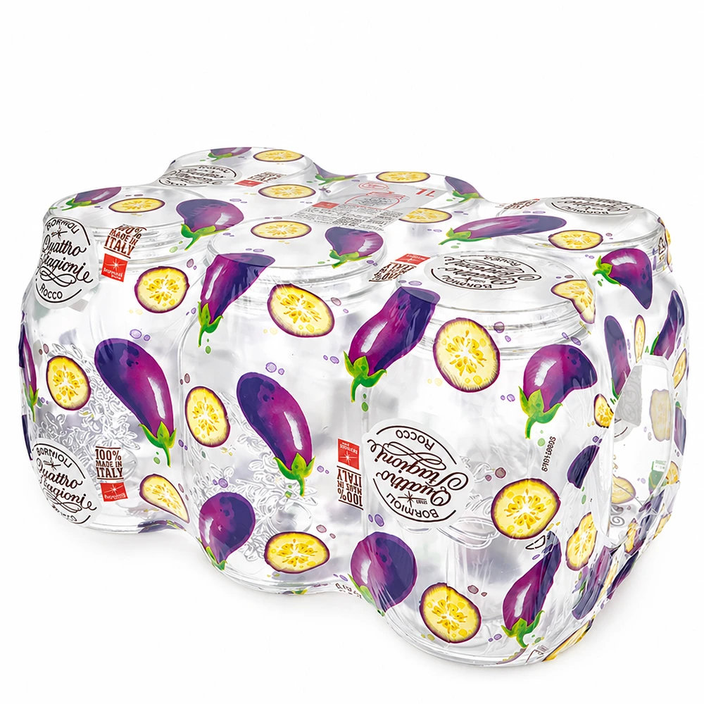 1000ml Verre rond "Quattro Stagioni" QS86mm Pots en verre Quattro Stagioni 1000ml avec décor d'aubergines en paquet pratique de quatre pour la mise en conserve et la conservation