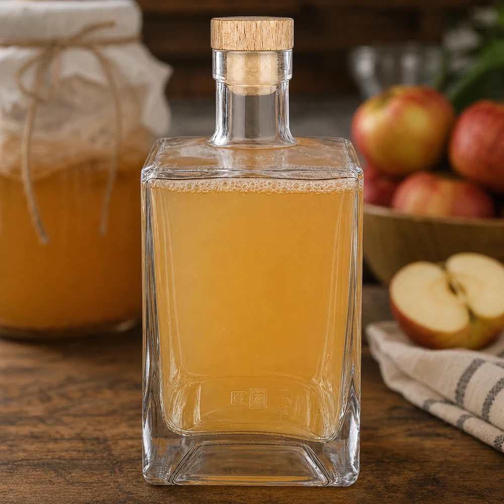 Bouteille en verre Ben de 700 ml remplie d'eau-de-vie de pomme à côté de pommes fraîches Scène de cuisine Bouchon en bois UNiTWIST Eau-de-vie de fruits