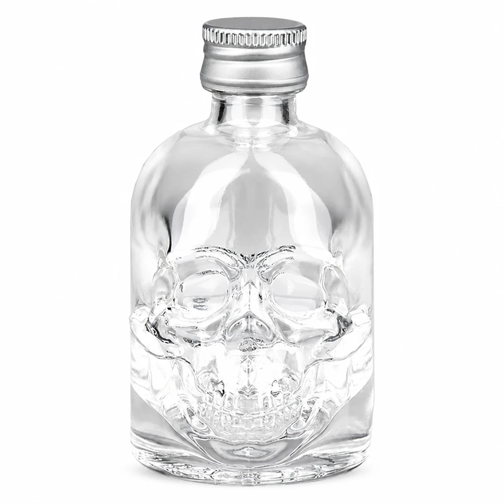 Bouteille en verre Hector de 50 ml avec relief de tête de mort et bouchon à vis argenté UNiTWIS sur fond blanc