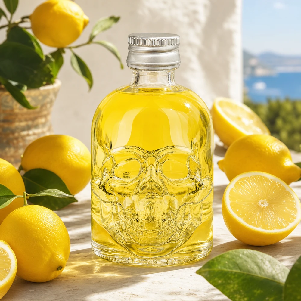 Bouteille en verre de 50 ml Hector en forme de tête de mort avec un contenu jaune entre des citrons frais décorés sur une table en bois