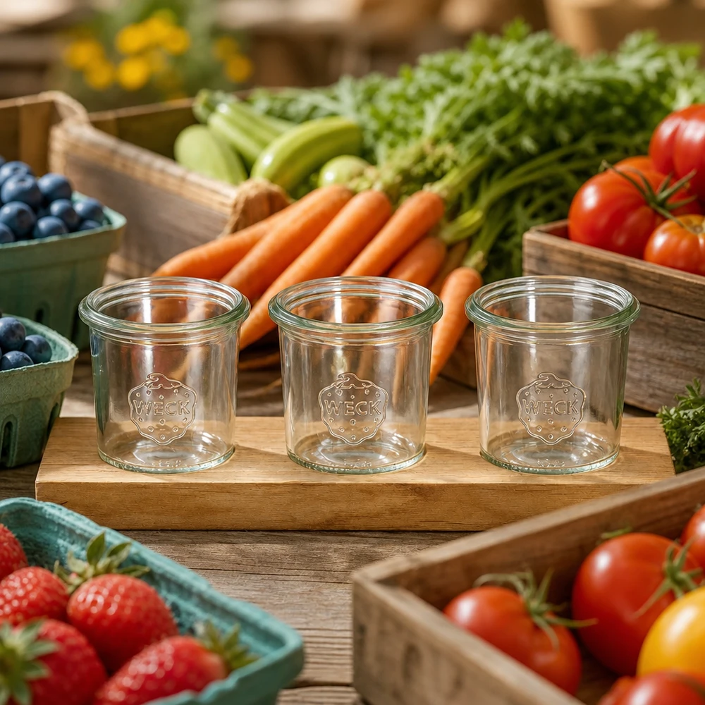 WECK Verres renversés 140ml sur planche de service Plano3 entre légumes frais du marché tomates carottes et baies décorées