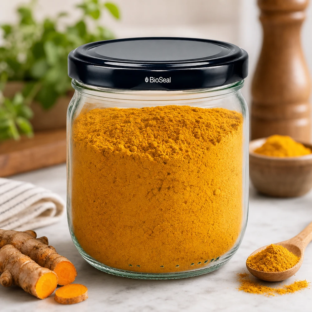 425ml Verre rond avec couvercle BioSeal noir UNiTWIST 425ml pot rond BioSeal noir rempli de poudre d'épices de curcuma montre le stockage hermétique des épices