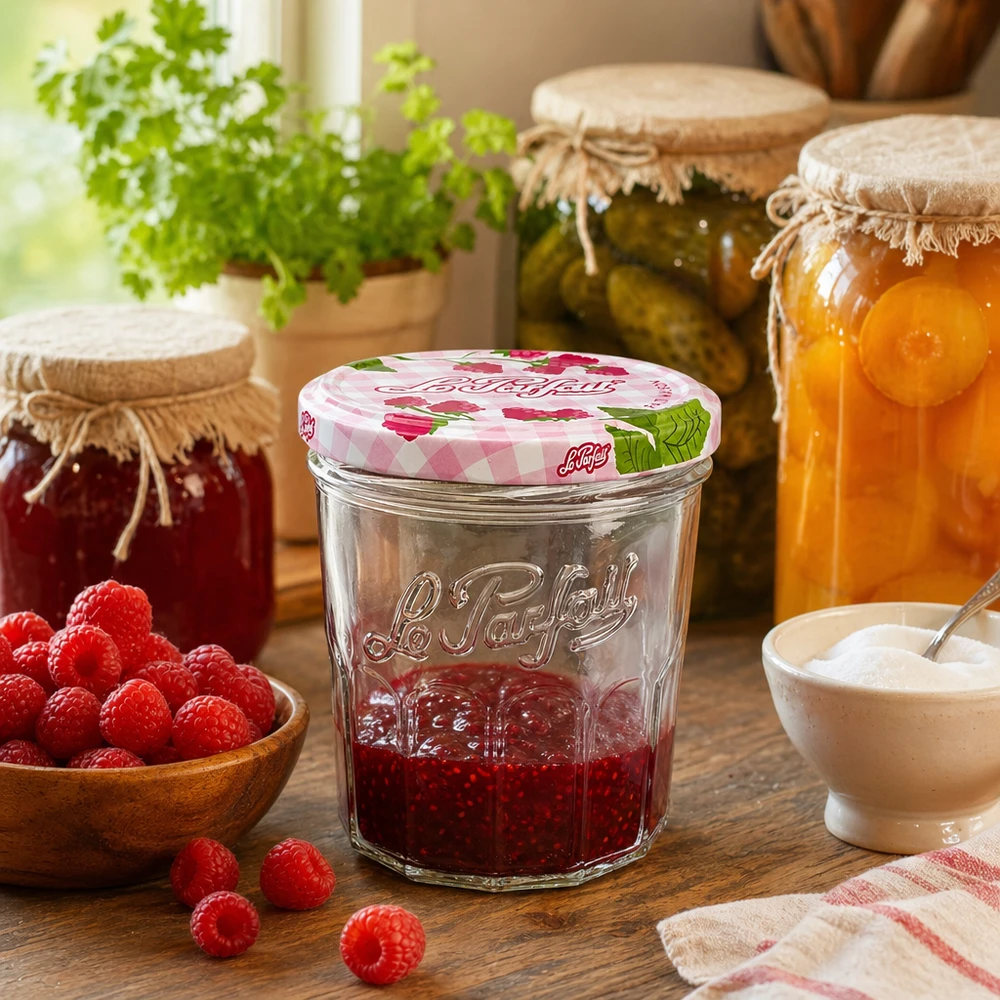 Le Parfait® Jam 324 ml Ø82 mm pot confiture Le Parfait 324ml bocal de confiture de framboises dans cuisine rustique à côté d'autres bocaux et d'herbes aromatiques