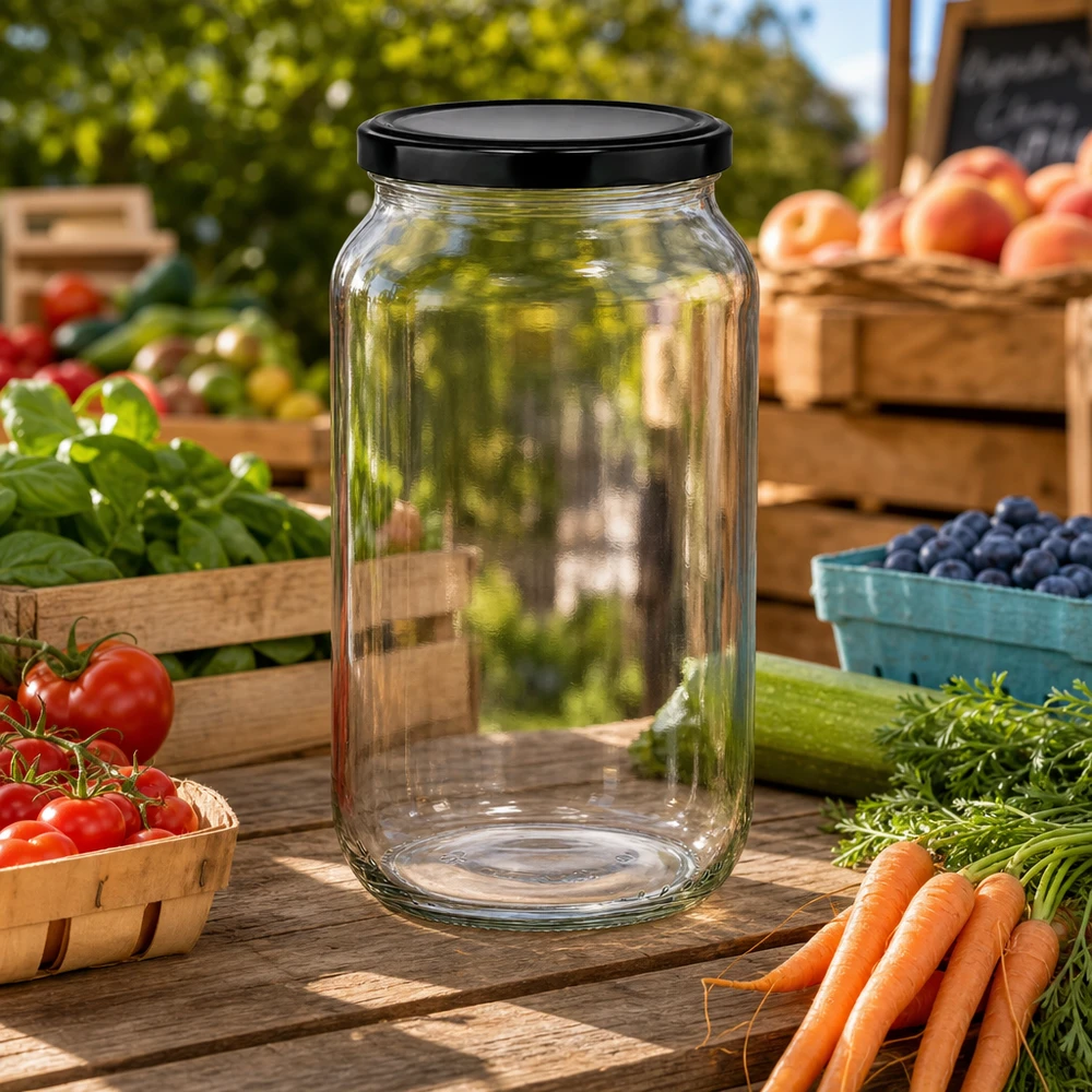 Pot rond de 1062ml devant un stand de marché avec des légumes frais - pot pratique pour les produits du jardin et le fait maison
