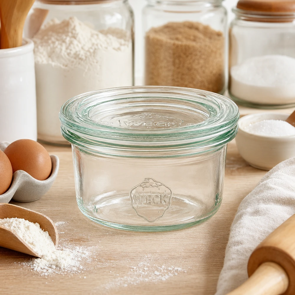 WECK Pot renversé 50ml RR60 dans l'environnement de la cuisine avec de la farine des œufs et des ingrédients de boulangerie pour une conservation polyvalente