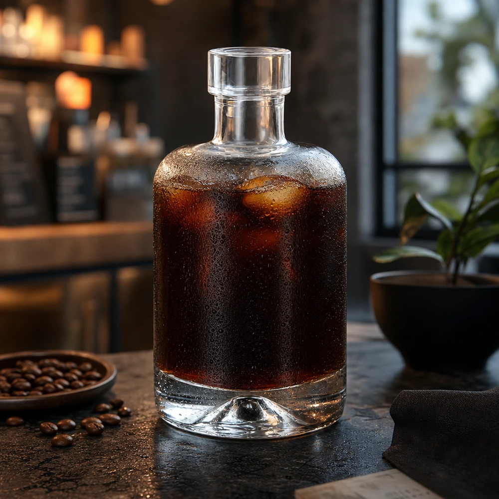 Bouteille en verre de 50ml Amelie remplie de café Cold Brew à côté de grains de café montre l'utilisation pour les boissons et les spiritueux