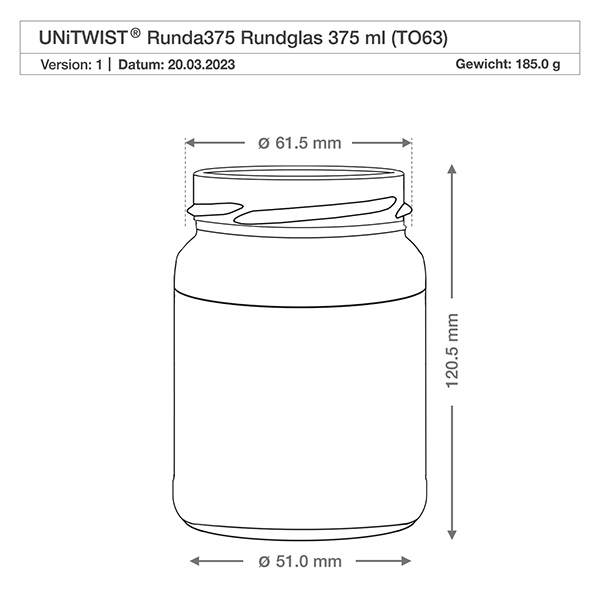 375ml Verre rond sans couvercle (TO63) UNiTWIST UNiTWIST Runda375 Rundglas 375ml TO63 technische Zeichnung mit Maßangaben Durchmesser 61mm Höhe 120mm Gewicht 185g
