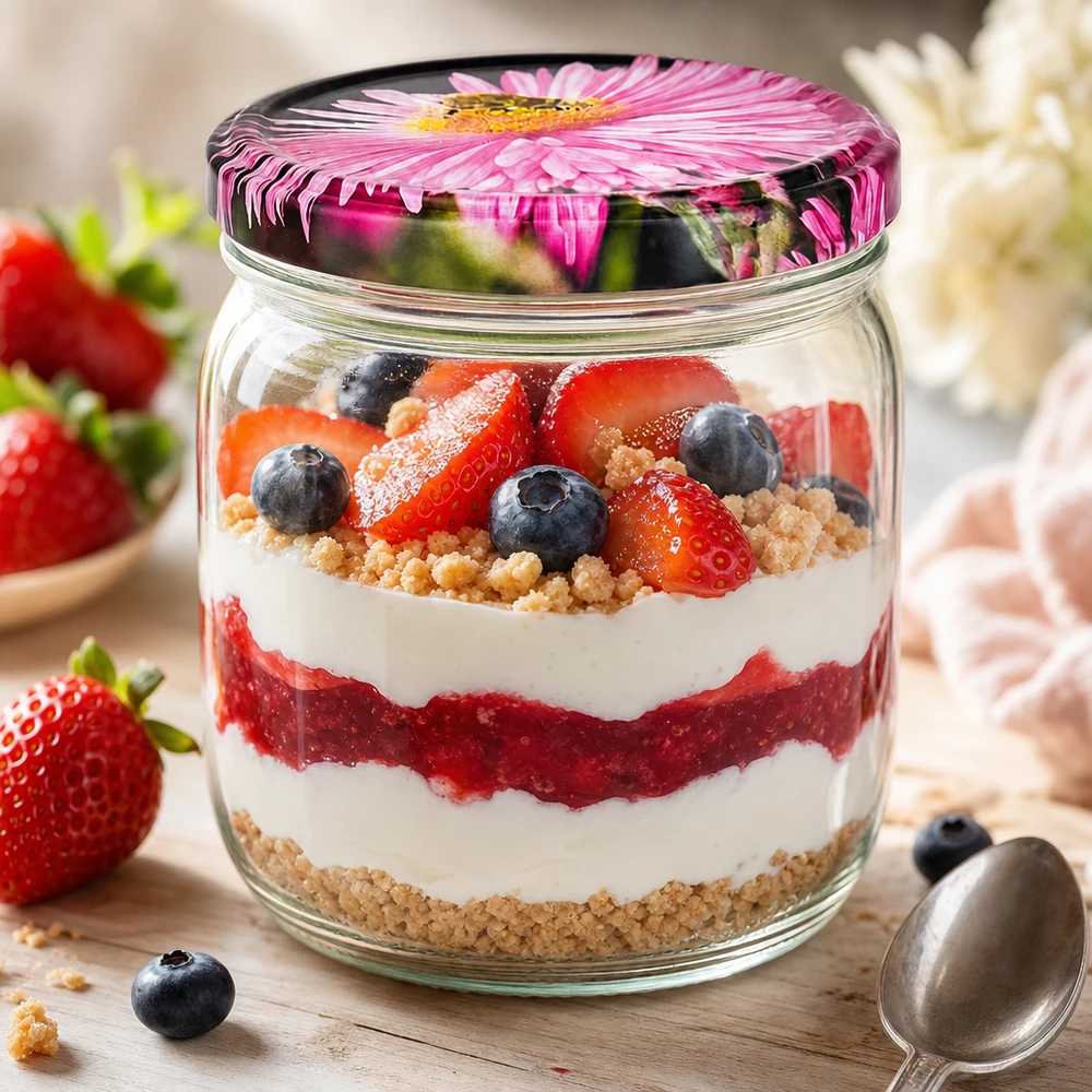 Verre rond de 425 ml avec couvercle à fleur BasicSeal comme verre à dessert avec des couches de yaourt aux baies et des vermicelles