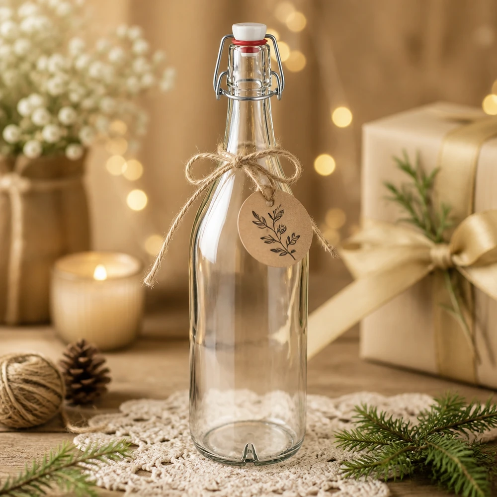 Bouteille en verre de 1000 ml + bouchon mécanique en PVC UNiTWIST Bouteille en verre 1000ml bouchon à étrier PVC décoré pour Noël avec étiquette cadeau style rustique décoration d'hiver